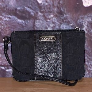 Coach Black Leather Canvas Monogram Zipper Wristlet Wallet